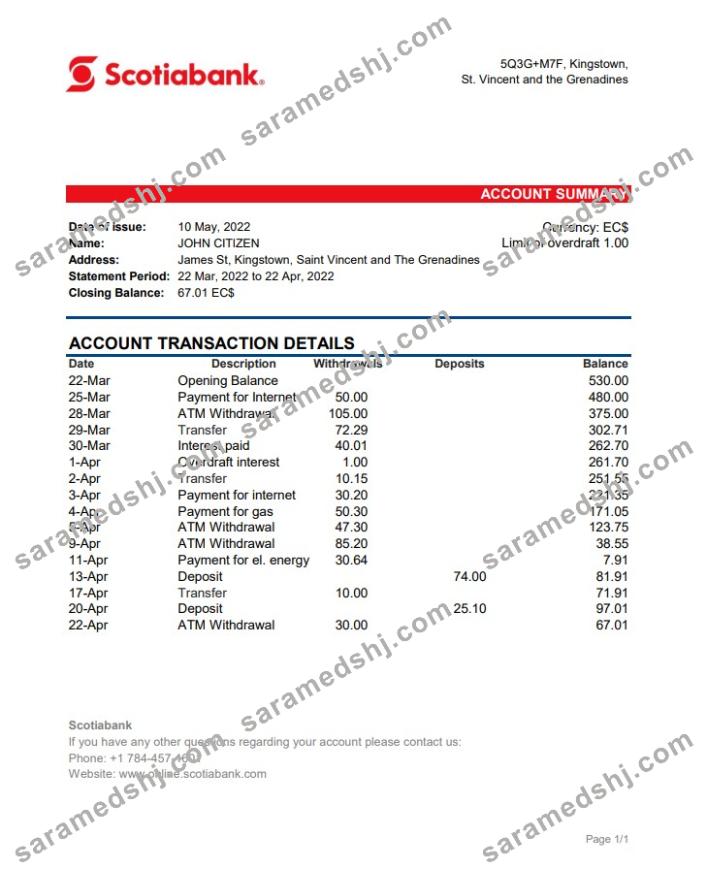 Saint Vincent and The Grenadines Scotiabank bank statement